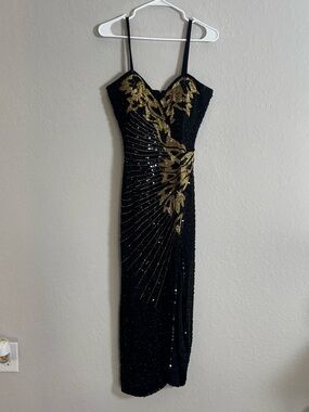 Cache Black Maxi Dress with Gold Sequin Floral Accents